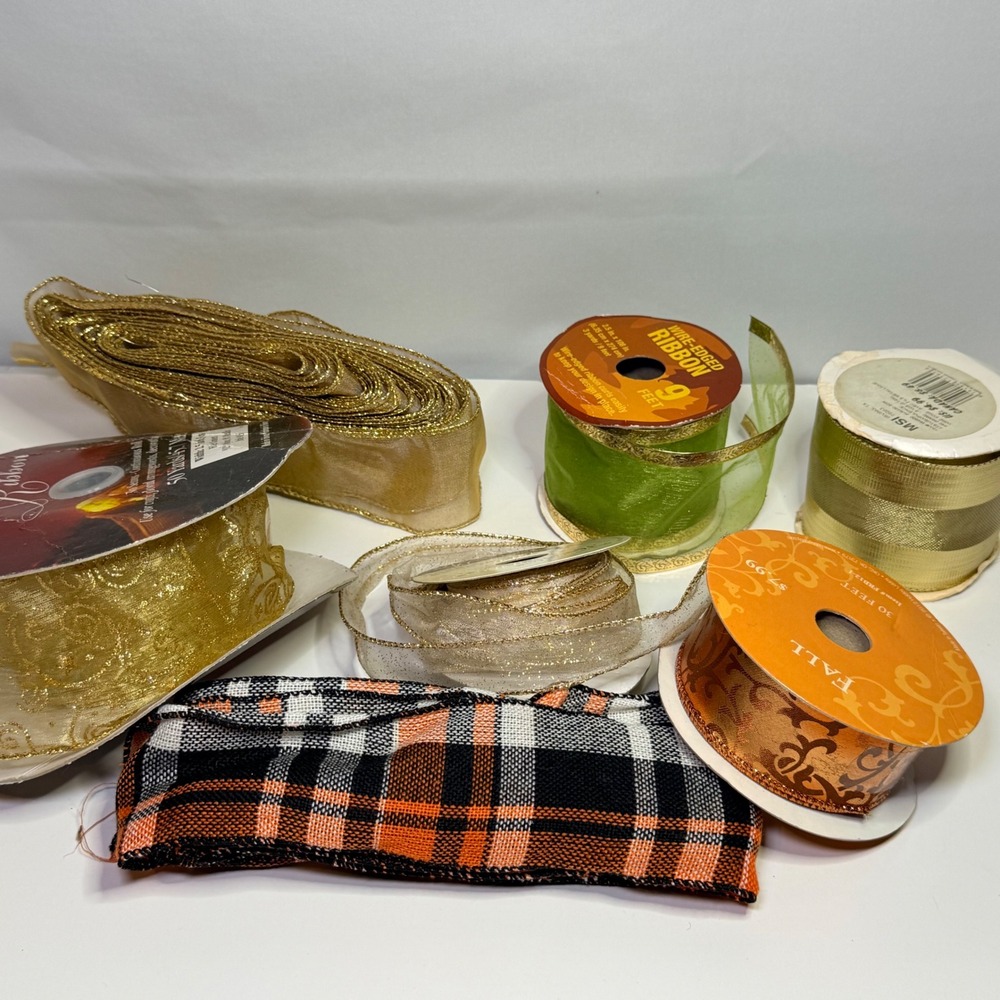 Assorted Fall Holiday Ribbon Lot Gold Orange Green Plaid Wire Edged Kirkland